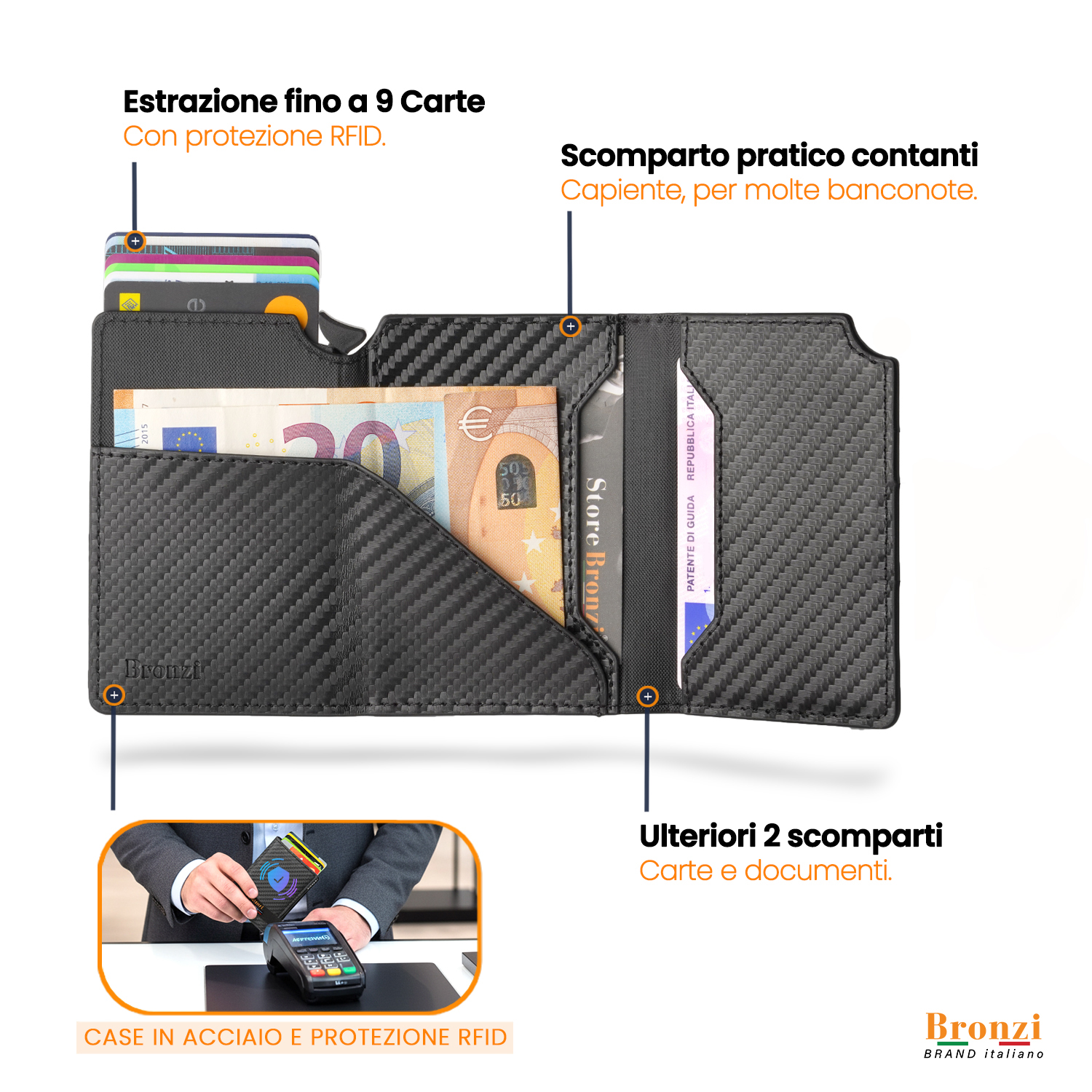 GuardWallet Portafoglio Uomo Magnetico Slim In Carbonio - Porta Carte RFID Con Scomparto Monete E Meccanismo Pop-Up, Pelle E Alluminio, Nero